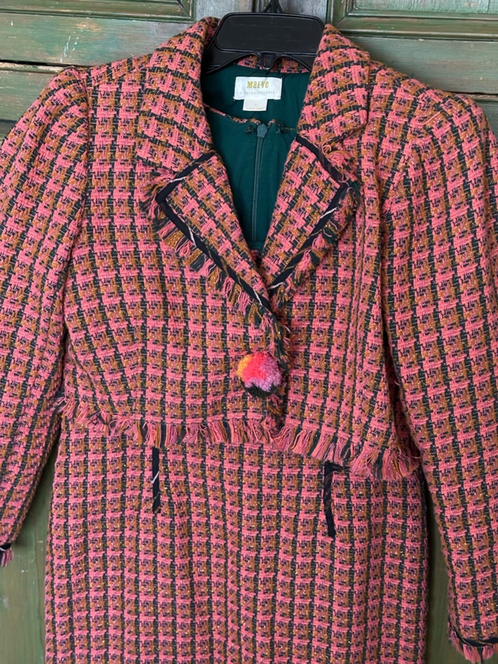 Anthropologie Pink Tweed Fringe Blazer Dress and matching Jacket